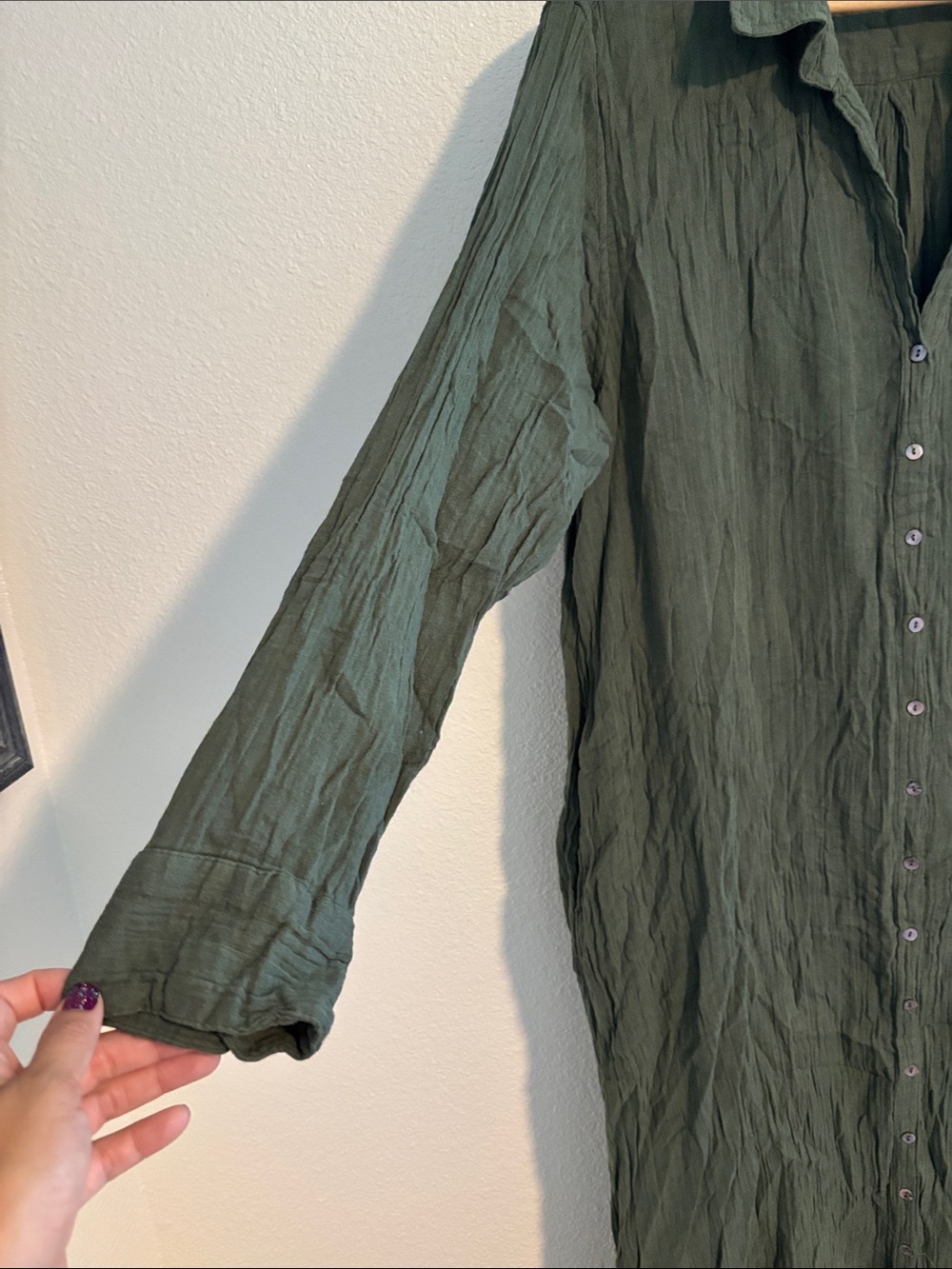 Natural Life 100% Gauzy Cotton Maxi Shirt Dress Olive Green Boho Size Large - Picture 2 of 7